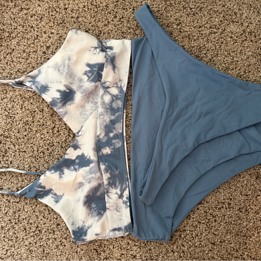 SHEIN Blue and Cream One Piece Swimsuit with Tie-Dye Design
